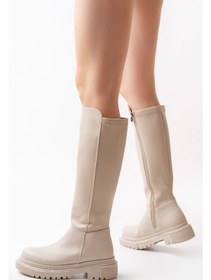 Resim 812-305 Bej Arkası Streç Fermuarlı Günlük Kadın Çizme Bej 