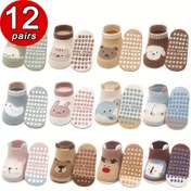 Resim Erkek ve kız çocukları için 12 çift kaymaz çorap, gençlerin tutuş ve dengesizlik öğrenmesi için tasarlanmış, sevimli çizgi film hayvanları ile, polyester %95.0 ve spandeks %5.0'dan yapılmıştır, tüm mevsimler için uygun, komik çoraplar 