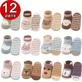 Resim Erkek ve kız çocukları için 12 çift kaymaz çorap, gençlerin tutuş ve dengesizlik öğrenmesi için tasarlanmış, sevimli çizgi film hayvanları ile, polyester %95.0 ve spandeks %5.0'dan yapılmıştır, tüm mevsimler için uygun, komik çoraplar 