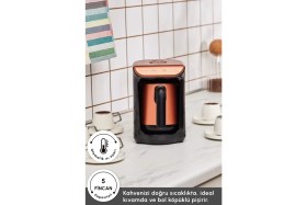 Resim Paslanmaz Çelik Türk Kahve Makinesi, 5 Fincan Kapasiteli, Bronz Detaylı 