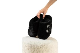 Resim Liger Önü Kapalı Ayıcık Baskılı Peluş Kadın Ev Terliği Siyah 