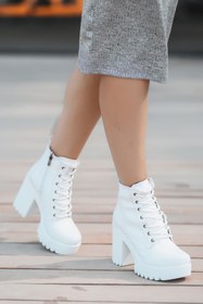 Resim LEYDİ SHOES Melisa Platform Bağcıklı Yandan Fermuarlı Beyaz Bayan Bot 