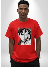 Resim Anime Titan Saldırısı Pamuklu Bisiklet Yaka Unisex Oversize Boyfriend Dijital Baskılı Kırmızı T-shirt Kırmızı 