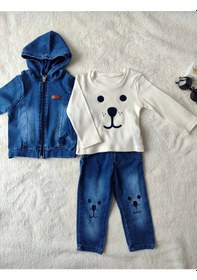 Resim 9-12-18-24 Ay Kot Kumaş Kapşonlu Uzun Kol Sweatli Kot Kumaş 3lü Erkek Bebek Takımı Mavi Mavi 