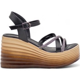 Resim Lameira Desenli Dolgu Topuk Taşlı Sandalet - Siyah - 36 Siyah 