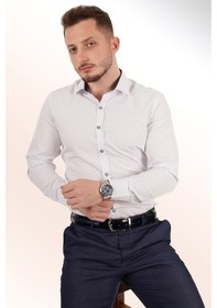 Resim Mavi Noktalı Beyaz Erkek Gömlek Beyaz 