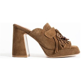 Resim Dericia Shoes Summery Hakiki Deri Süet Kadın Yüksek Topuklu Terlik Turuncu 