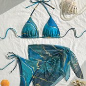 Resim Mesh Önlüklü Seksi Gençlik Bikini Takımı - Marble Desenli Üç Parça Mayo Seti 
