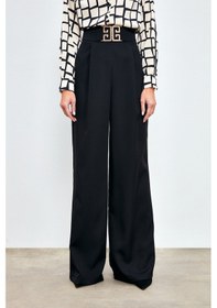 Resim Sateen Bel Aksesuarlı Bol Paça Pantolon - Siyah 