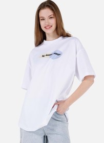 Resim Comfort Fit Yuvarlak Yaka Baskılı Kadın Beyaz Pamuk Kısa Kol Tişört 