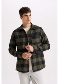 Resim Defacto Regular Fit Polo Yaka Kareli Flanel Uzun Kollu Gömlek S1238AZ24AUKH206 Haki 