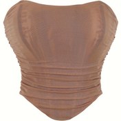Resim Kadın Modası Straplez Sırtı Açık Korseli Üst, Günlük Tarz, Kurdele İle Bağlanan Sırt, Çift Katmanlı, Dar Kesim, Göbeği Açık Kırpma Üst, Bandeau Tasarımı 