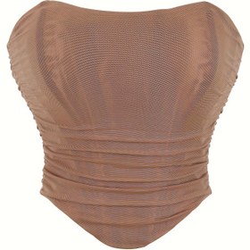 Resim Kadın Modası Straplez Sırtı Açık Korseli Üst, Günlük Tarz, Kurdele İle Bağlanan Sırt, Çift Katmanlı, Dar Kesim, Göbeği Açık Kırpma Üst, Bandeau Tasarımı 