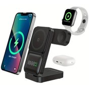 Resim Sunshine022 Siyah 15w 3ü1 Arada Manyetik Kablosuz Şarj Saat Ekranlı Hızlı Şarj İphone Uyumlu İwatch Airpods 
