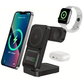 Resim Sunshine022 Siyah 15w 3ü1 Arada Manyetik Kablosuz Şarj Saat Ekranlı Hızlı Şarj İphone Uyumlu İwatch Airpods 