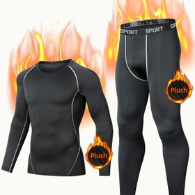 Resim Erkek Termal Spor İç Çamaşırı Seti, Hızlı Kuruyan Polar Astarlı Kompresyon Tişörtü ve Pantolonu, Polyester Spandex Karışımı, Orta Esneklik, Düz Renk, Raglan Kollu, Sonbahar/Kış, Koşu, Antrenman, Yürüyüş, Yoga, Spor Salonu, Takım Sporları, Kayak, Bisiklet 