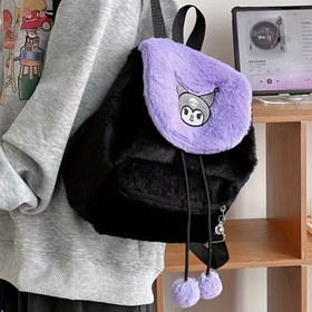 Resim Sanrio Hello Kitty & Kuromi Sevimli Anime Sırt Çantası - Büyük Kapasiteli Kuromi Yüzü ve Hello Kitty Kulakları, Yapay Peluş Çekme Kapatma, Pembe/Mor/At Kuyruğu Deliği (Marka Lisanslı) & s için 