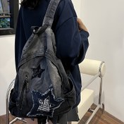 Resim Kadın Moda Sırt Çantası Yıkanmış Gradyan Omuz Çantası Büyük Kapasiteli Öğrenci Okul Çantası Pullu Yıldız Yamalı Günlük Moda Sırt Çantası 