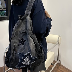 Resim Kadın Moda Sırt Çantası Yıkanmış Gradyan Omuz Çantası Büyük Kapasiteli Öğrenci Okul Çantası Pullu Yıldız Yamalı Günlük Moda Sırt Çantası 