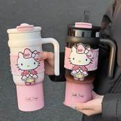 Resim 1 adet HelloKitty Paslanmaz Çelik İzoleli Bardak 900ml Büyük Kapasiteli Sevimli Su Bardağı Noel Hediyesi Araba Bardağı Kahve Bardağı 