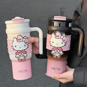 Resim 1 adet HelloKitty Paslanmaz Çelik İzoleli Bardak 900ml Büyük Kapasiteli Sevimli Su Bardağı Noel Hediyesi Araba Bardağı Kahve Bardağı 