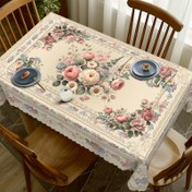 Resim Vintage Şık Çiçekli Masa Örtüsü Pembe Güller, Hortensiyalar ve Ayçiçekleri ile - Dayanıklı Polyester Dikdörtgen Makine Yapımı Masa Örtüsü İlkbahar Yaz Dekoru için, İç Mekan Dış Mekan Tatil Parti Ev Mutfak Yemek Masası Süslemesi 