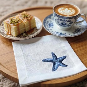 Resim Marine Nakışlı Lacivert 6'lı Sunumluk Peçete, Kokteyl Peçetesi, Kahve Yanı Sunumluk, Bardak Altlığı 