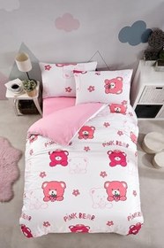 Resim Çarşafı Lastikli Doğal Sağlıklı Pamuk Ayıcıklı Bear Panda Tek Kişilik Çocuk Nevresim Takımı, Pembe 