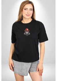Resim Kırmızı Şapkalı Gözlüklü Maymun Siyah Oversize Unisex Ön Orta Minimal Baskılı Tişört Siyah 