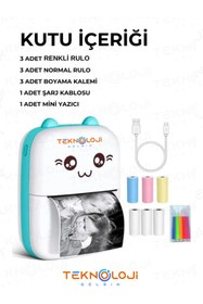 Resim Teknoloji Gelsin Mini Cep Yazıcı Taşınabilir Bluetooth Kablosuz Şarjlı 6 Rulo 3 Kalem Seti Hediye Mavi Yazıcı 