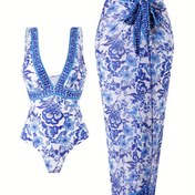 Resim Şık Mavi Çiçekli Tankini Takımı - V Yaka Kolsuz Mayo, Çıkarılabilir Pedler ve Eşleşen Etek, Polyester Karışımı, Orta Esneklik, Kadınlar İçin Sarma Elbise Tasarımı, Plaj Kıyafeti | V Yaka Mayo | Polyester Karışımı 