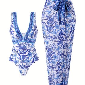 Resim Şık Mavi Çiçekli Tankini Takımı - V Yaka Kolsuz Mayo, Çıkarılabilir Pedler ve Eşleşen Etek, Polyester Karışımı, Orta Esneklik, Kadınlar İçin Sarma Elbise Tasarımı, Plaj Kıyafeti | V Yaka Mayo | Polyester Karışımı 