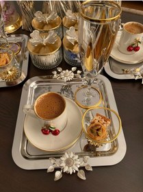 Resim Atabey Home Collection 6'lı Kahve & Çay & Sunum Tepsisi Çelik Gümüş Tepsi Papatya Model 