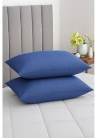 Resim Vevra Çizgili Mavi Düz Renkli 2 Li Yastık Kılıfı Pamuklu Kumaş Fermuarlı Mavi 