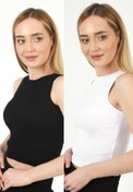 Resim TİODES Kadın Siyah Beyaz Halter Yaka Fitilli 2'li Paket Crop Bluz 