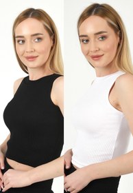 Resim TİODES Kadın Siyah Beyaz Halter Yaka Fitilli 2'li Paket Crop Bluz 