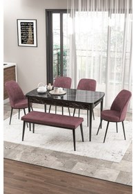Resim Canisa Zen Serisi 80x132 Mdf Açılabilir Siyah Mermer Desen Masa Takımı 4 Gül Kurusu Sandalye Ve 1 Bench Masa Siyah Mermer Sandalye Bench Gülkurusu 