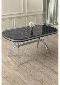 Resim Canisa Olya Serisi 90x168 Lak Panel Sonata Masa Takımı Krom Ayaklı 6 Gri Sandalye Sonata Masa Gri Sandalye 