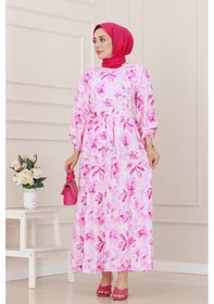 Resim Sevitli Yarım Düğmeli Lotus Elbise-pembe-5248 Pembe 