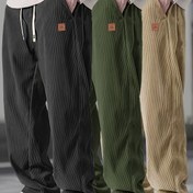Resim Erkekler için Kadife Pantolonlar, Bol Kesim Düz Paça Orta Bel Elastik İpli Kemer ve Yan Cepler - Bej, Zeytin Yeşili, Siyah, Koyu Gri 