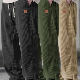 Resim Erkekler için Kadife Pantolonlar, Bol Kesim Düz Paça Orta Bel Elastik İpli Kemer ve Yan Cepler - Bej, Zeytin Yeşili, Siyah, Koyu Gri 