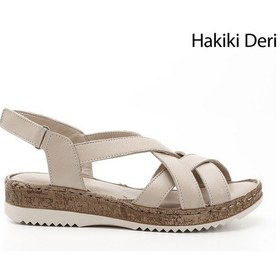 Resim Gönderi R Bej Antik Cırt Bantlı Dolgu Topuk Hakiki Deri Sandalet Bej 