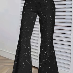 Resim Yıldız Desenli Şık Dar Paça Pantolon - Esnek Polyester Örgü Kumaş, Tüm Mevsimler İçin Mükemmel, Yetişkin Moda, Şık Geniş Paça Pantolon|Yıldız Desenli Pantolon|Esnek Kumaş 