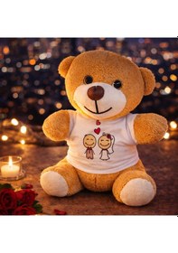 Resim Sevimli Gelin Damat Tişörtlü Peluş Oyuncak Ayıcık Kahverengi 