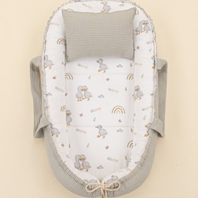 Resim Babynest ve Yastık - Çift Taraflı - Gri Petek - Ördekler 