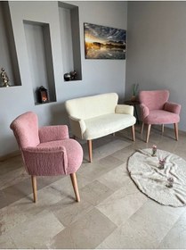 Resim Azra Mobilya Azra Aksesuar Çay Seti Oturma Grubu, Puffy Kumaş Koltuk Takımı, Ahşap Ayak, Balkon Bahçe Mobilyası Krem-pembe 
