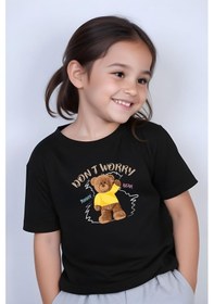 Resim Panios Kids Worry Bear Baskılı Kız Çocuk Kısa Kollu T-shirt Siyah 