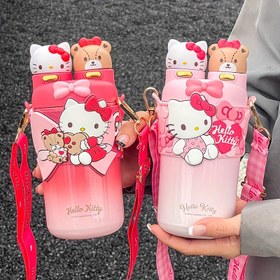 Resim 1 Adet Hello Kitty Paslanmaz Çelik İzoleli Bardak 550ml, Okul Doğum Günü Hediyesi için Omuz Askılı Sevimli Seyahat Su Şişesi 