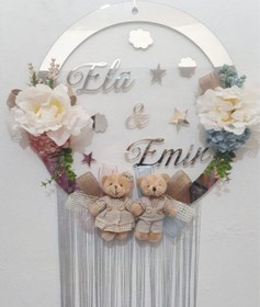 Resim İkiz Bebek Odasi Ayicik Süslemeli Şeffaf Pleksi Kapı Süsü Çok Renkli 