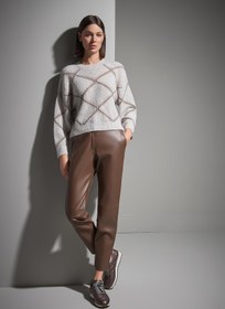 Resim Pul ve Sim Detaylı Bisiklet Yaka Desenli Bej Triko Kazak 